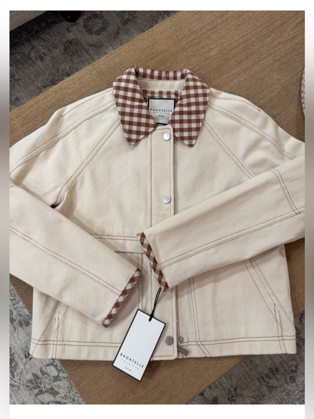 Bagatelle Cream Denim Farm Jacket with Gingham trim - Picture 3 of 11